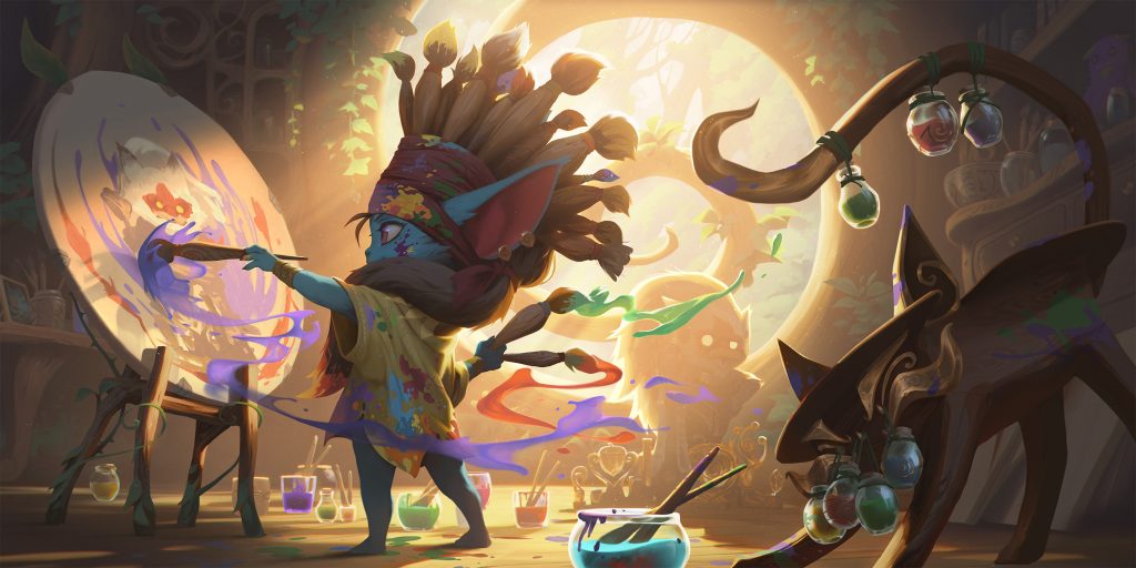 Pequeno artista de fantasia azul pintando uma tela redonda com pincéis mágicos em um ateliê ensolarado.