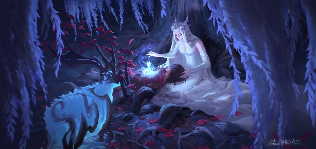 Figura mística de vestido branco com chifres curando jovem desacordado sob luz azul mágica em caverna.