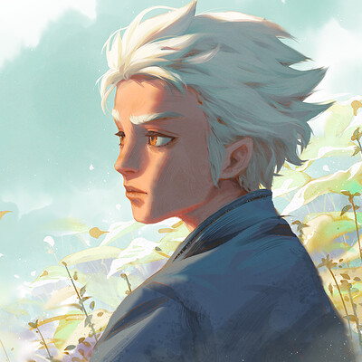 Ilustração em perfil de jovem garoto de cabelo curto branco e olhos amarelos vestindo túnica azul ao ar livre.