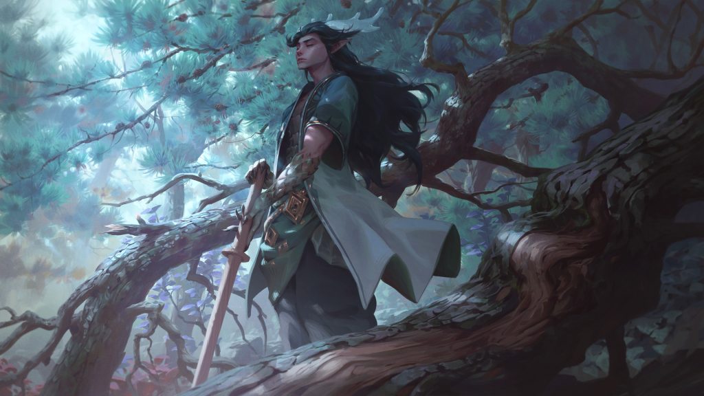 Elfo de cabelos longos e chifres segurando espada em pé sobre galho de pinheiro.